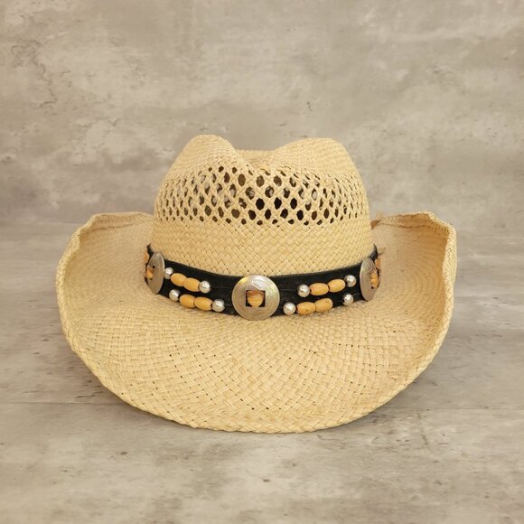 Bullhide Straw Cowboy Hat Womens Small Leather Beaded Concho Band Western Rodeo - Picture 11 of 15